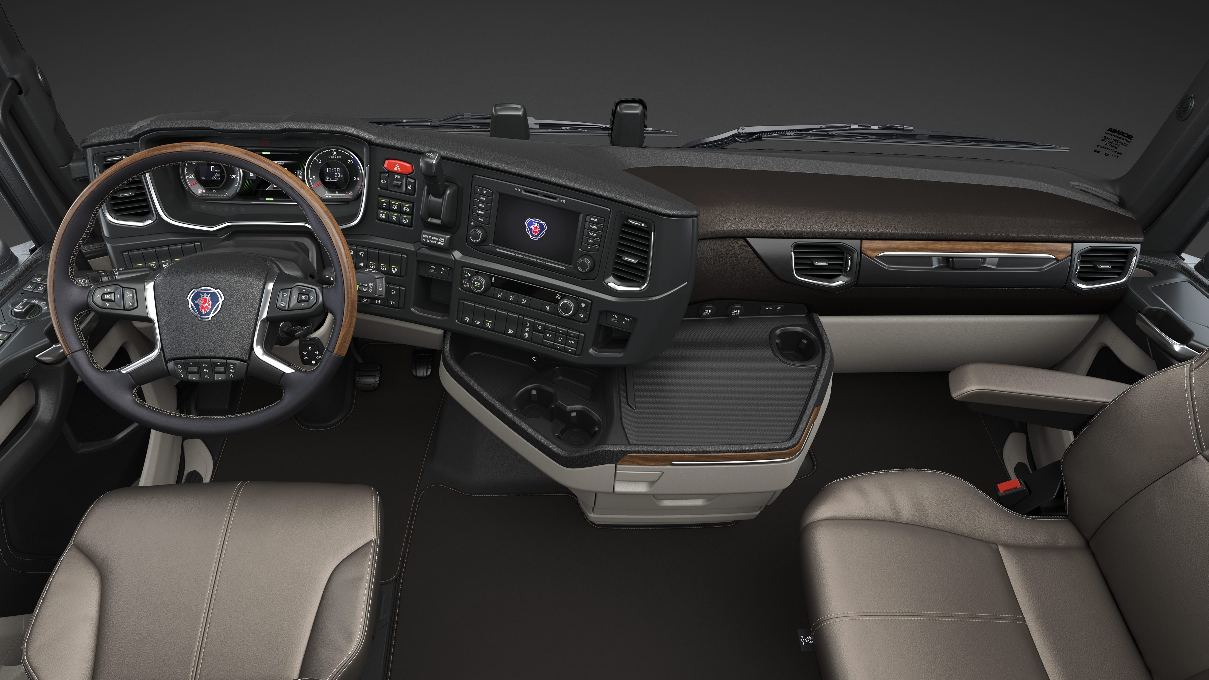 Cab interior, steering wheel and dashboard, wood Photo: Scania 2016